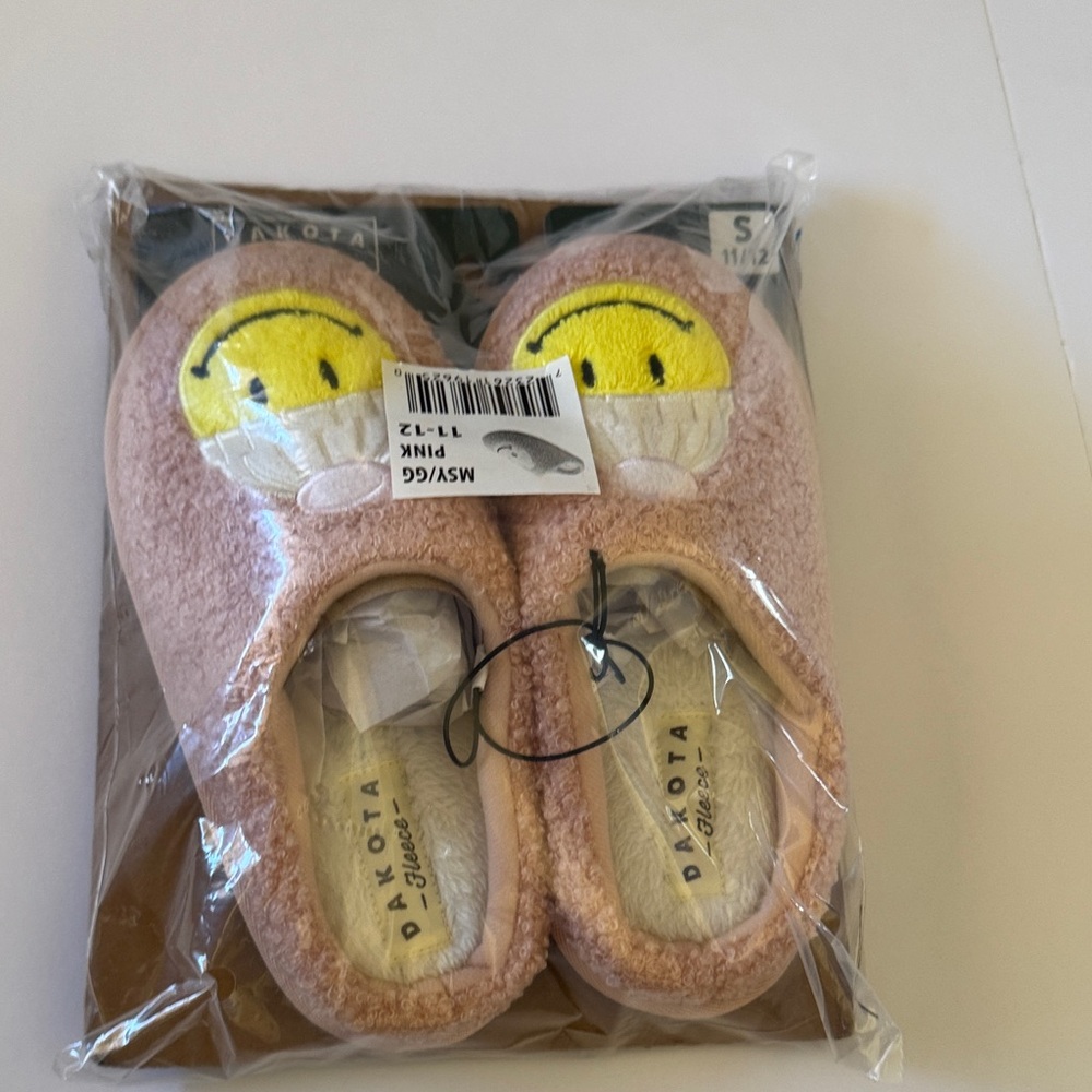 Dakota Pink Fuzzy Slippers with Smiley Face
